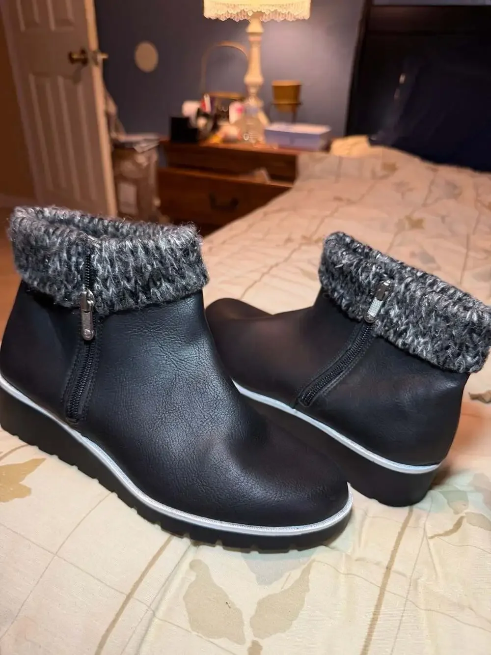 Adrienne Vittadini Sport Trapeza Black Faux Leather Wedge Ankle Boots  Knit Cuff